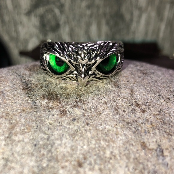 Antique Silver Green Eye Owl ring adjustable nice 925S stamped hallmarked - Picture 4 of 6